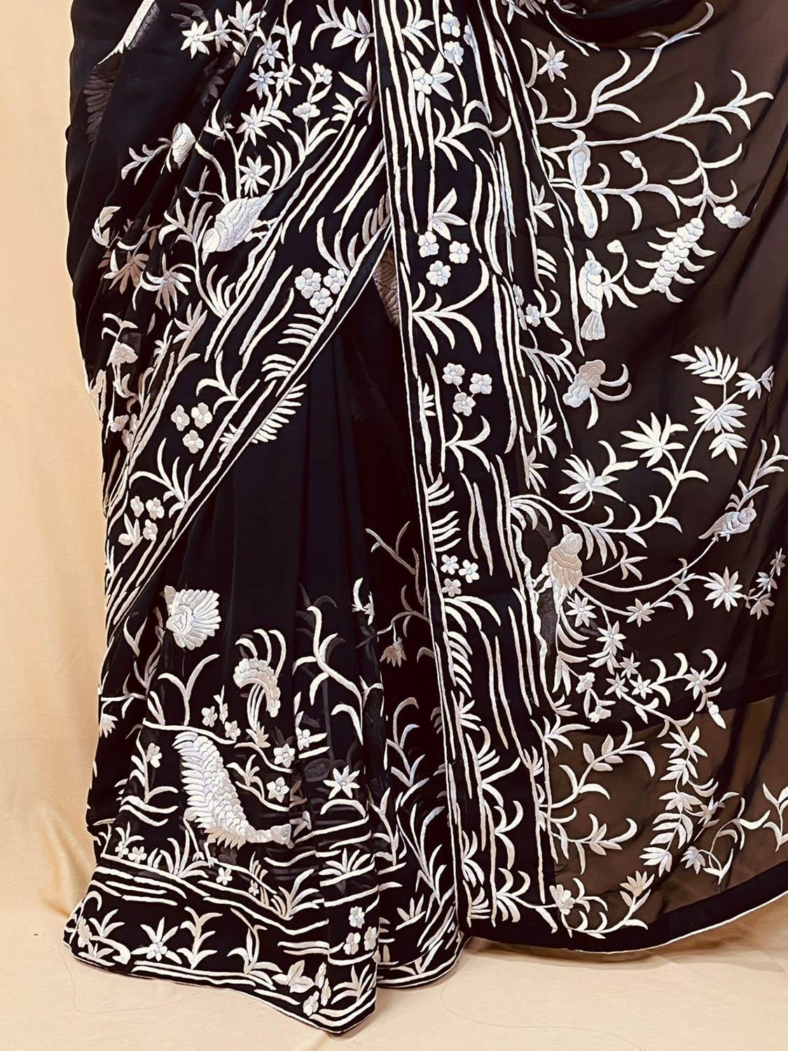 Black Parsi Gara Hand Embroidered Pure Georgette Bird And Flower Design Saree - Luxurion World
