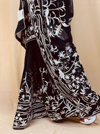 Black Parsi Gara Hand Embroidered Pure Georgette Bird And Flower Design Saree - Luxurion World