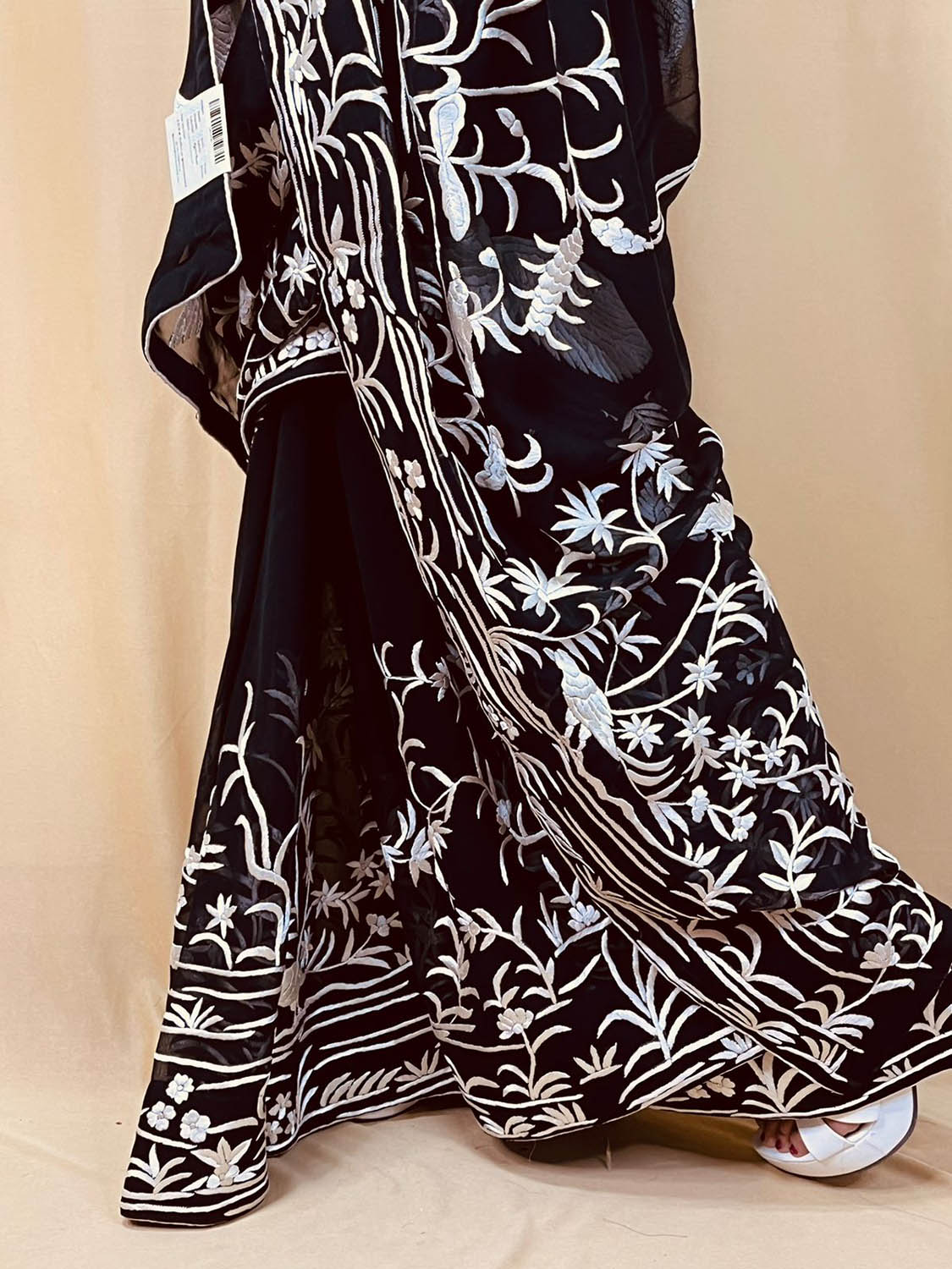 Black Parsi Gara Hand Embroidered Pure Georgette Bird And Flower Design Saree - Luxurion World