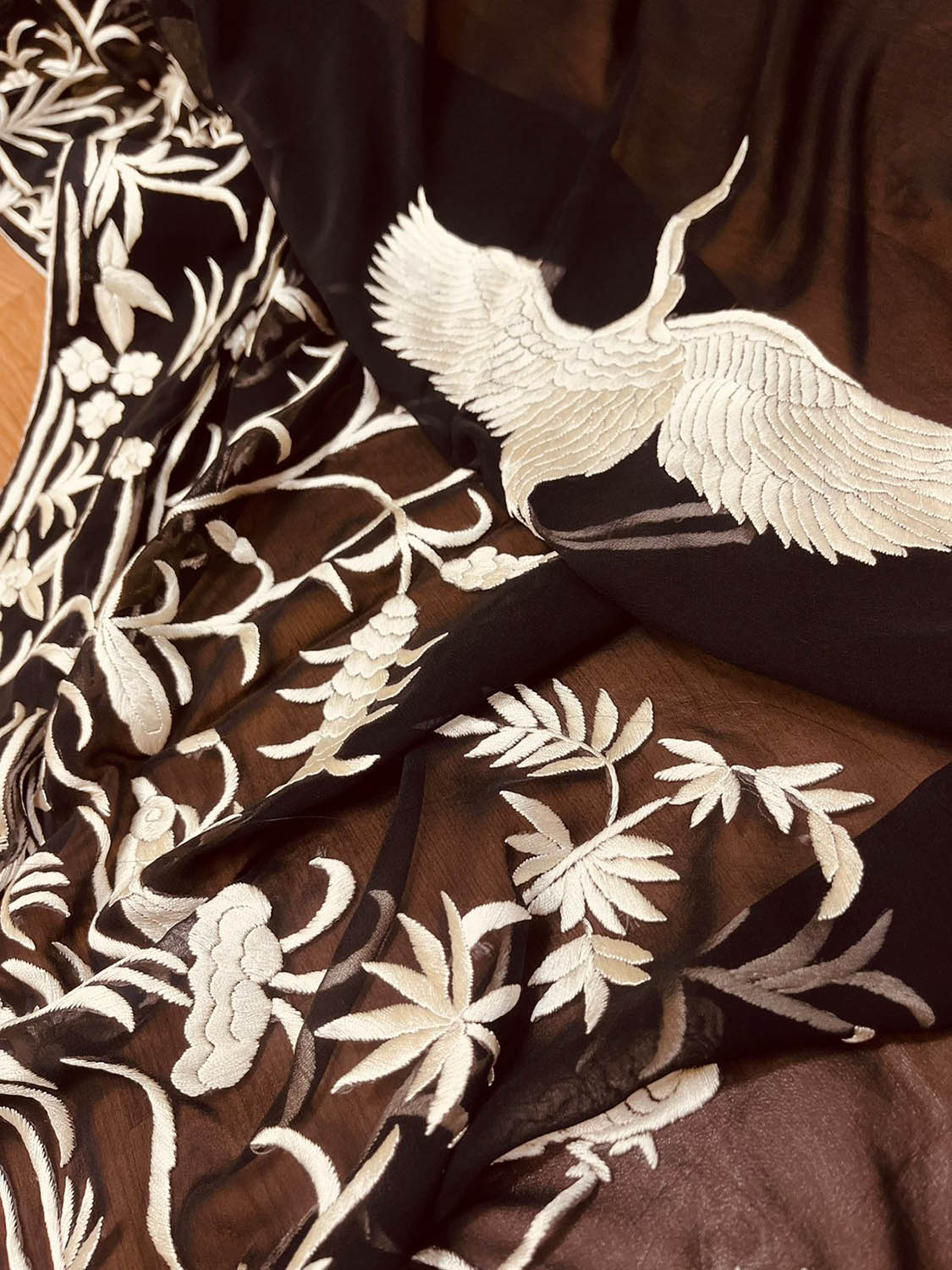 Black Parsi Gara Hand Embroidered Pure Georgette Bird And Flower Design Saree - Luxurion World