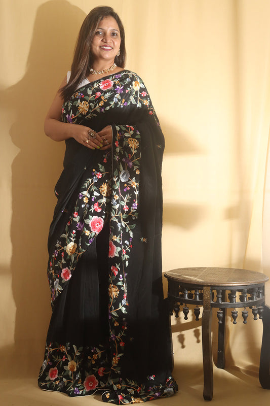 Black Hand Embroidered Parsi Gara Crepe Floral Design Saree - Luxurion World