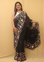 Black Hand Embroidered Parsi Gara Crepe Floral Design Saree - Luxurion World