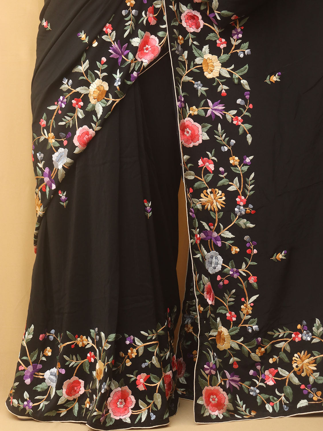 Black Hand Embroidered Parsi Gara Crepe Floral Design Saree - Luxurion World