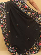 Black Hand Embroidered Parsi Gara Crepe Floral Design Saree - Luxurion World