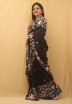 Black Hand Embroidered Parsi Gara Crepe Floral Design Saree - Luxurion World