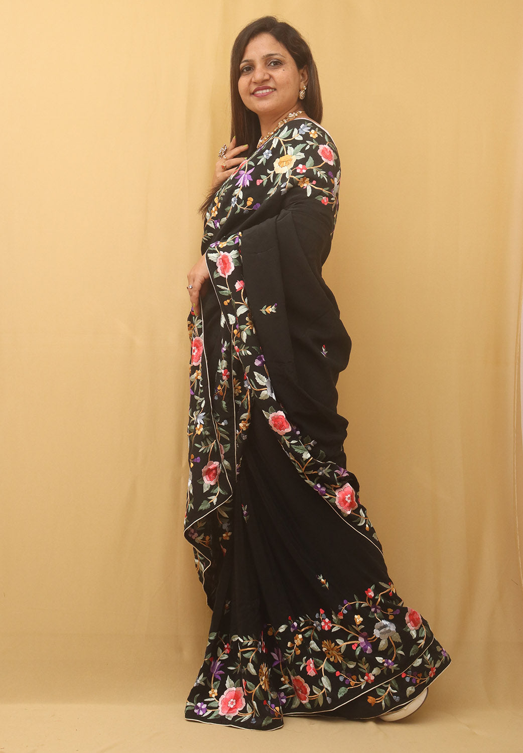 Black Hand Embroidered Parsi Gara Crepe Floral Design Saree - Luxurion World