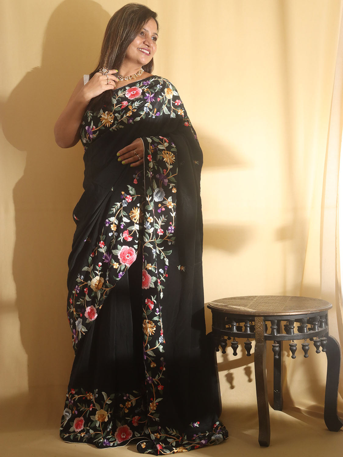 Black Hand Embroidered Parsi Gara Crepe Floral Design Saree - Luxurion World