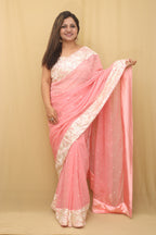 Pink Hand Embroidered Parsi Gara Pure Georgette Floral And Bird Design Saree - Luxurion World