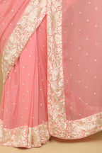 Pink Hand Embroidered Parsi Gara Pure Georgette Floral And Bird Design Saree - Luxurion World
