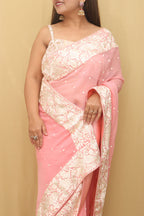 Pink Hand Embroidered Parsi Gara Pure Georgette Floral And Bird Design Saree - Luxurion World