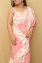 Pink Hand Embroidered Parsi Gara Pure Georgette Floral And Bird Design Saree - Luxurion World