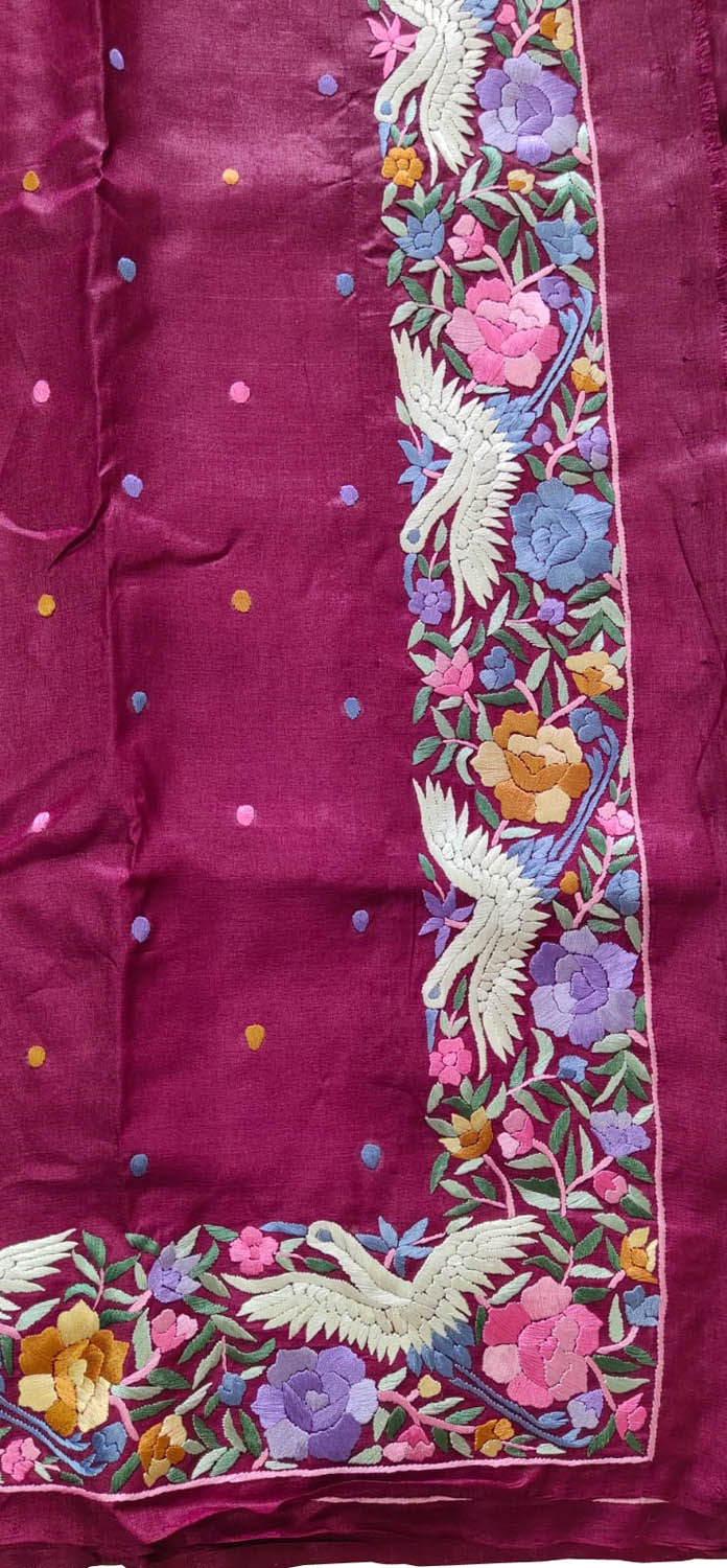 Parsi Gara Tussar Silk Saree: Exquisite Purple Hand Embroidery - Luxurion World