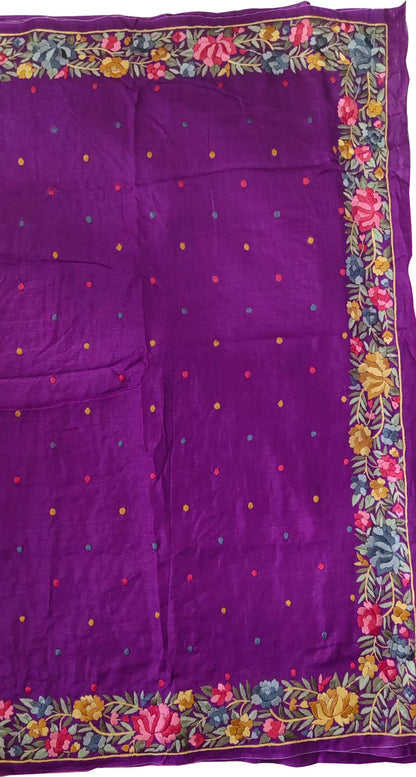 Parsi Gara Tussar Silk Saree: Exquisite Purple Hand Embroidery - Luxurion World