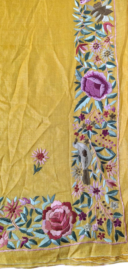 Exquisite Yellow Parsi Gara Tussar Silk Saree: Hand Embroidered Elegance - Luxurion World