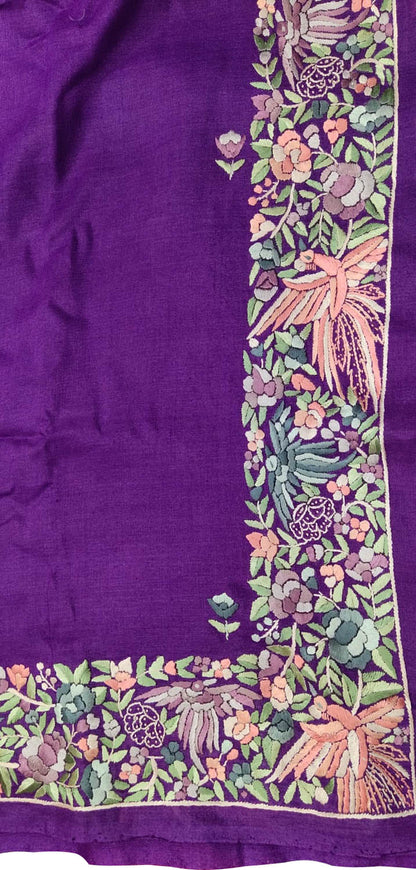 Parsi Gara Tussar Silk Saree: Purple Hand Embroidery at Its Finest - Luxurion World