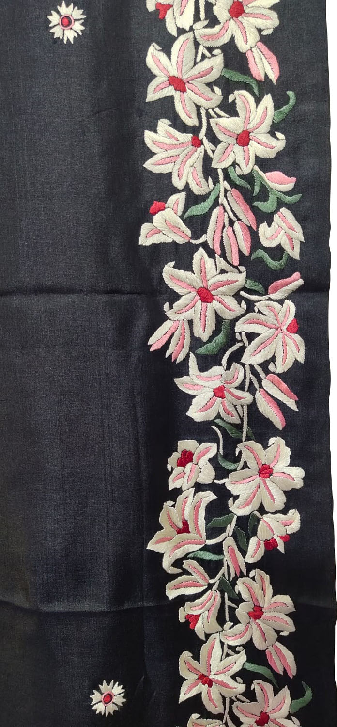 Exquisite Parsi Gara Tussar Silk Saree: Elegant Black Hand Embroidery - Luxurion World