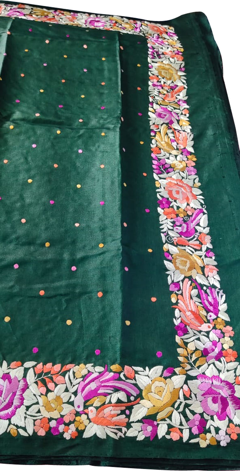 Exquisite Green Hand Embroidered Parsi Gara Tussar Silk Saree - Luxurion World