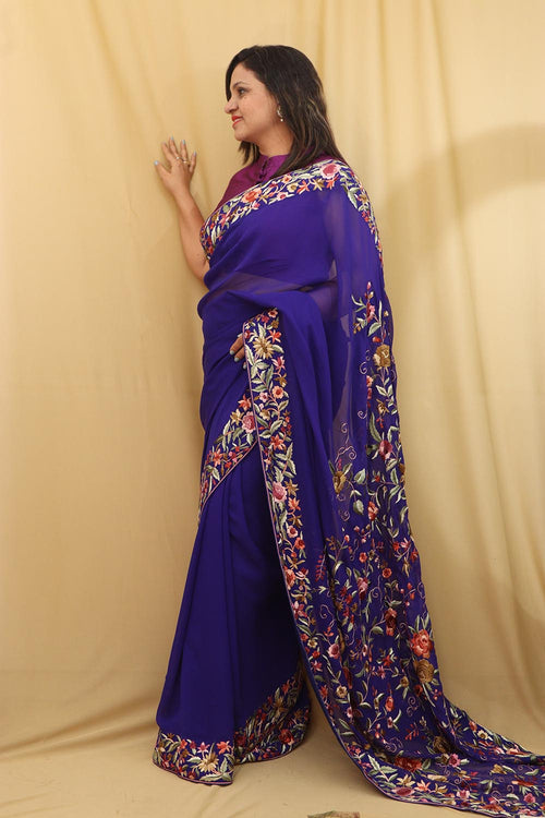 Exquisite Blue Hand Embroidered Parsi Gara Pure Georgette Saree - Luxurion World