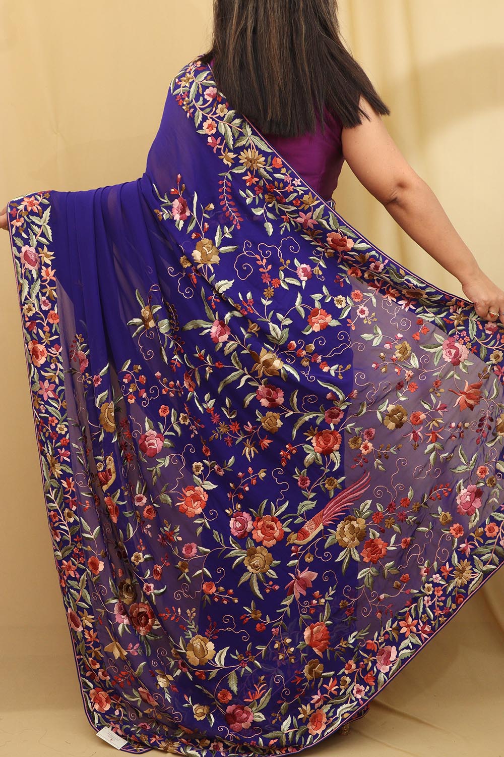 Exquisite Blue Hand Embroidered Parsi Gara Pure Georgette Saree - Luxurion World