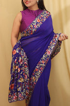 Exquisite Blue Hand Embroidered Parsi Gara Pure Georgette Saree - Luxurion World