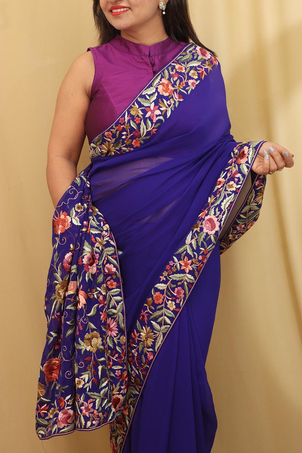 Exquisite Blue Hand Embroidered Parsi Gara Pure Georgette Saree - Luxurion World