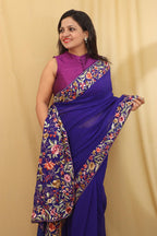 Exquisite Blue Hand Embroidered Parsi Gara Pure Georgette Saree - Luxurion World