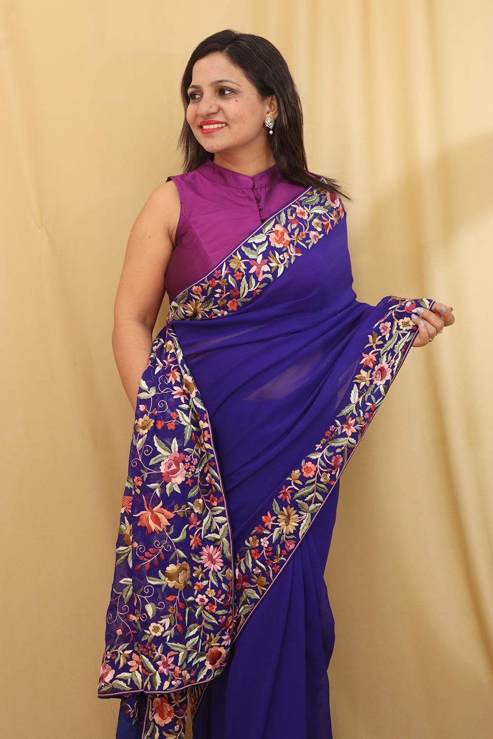 Exquisite Blue Hand Embroidered Parsi Gara Pure Georgette Saree - Luxurion World