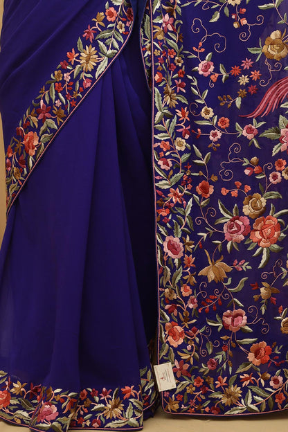 Exquisite Blue Hand Embroidered Parsi Gara Pure Georgette Saree - Luxurion World