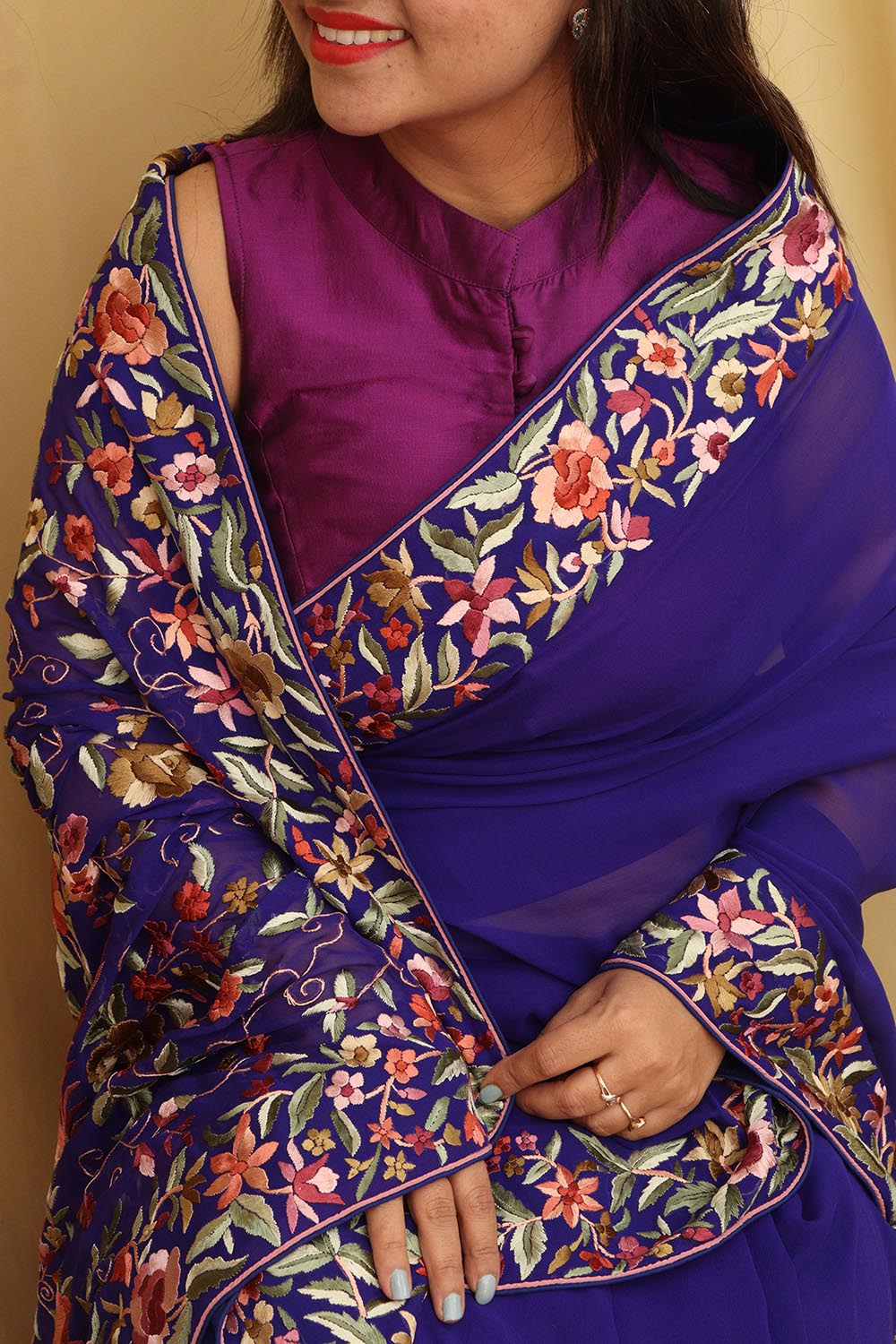 Exquisite Blue Hand Embroidered Parsi Gara Pure Georgette Saree - Luxurion World