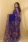 Exquisite Blue Hand Embroidered Parsi Gara Pure Georgette Saree - Luxurion World