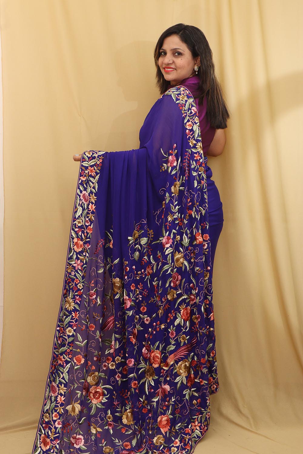 Exquisite Blue Hand Embroidered Parsi Gara Pure Georgette Saree - Luxurion World