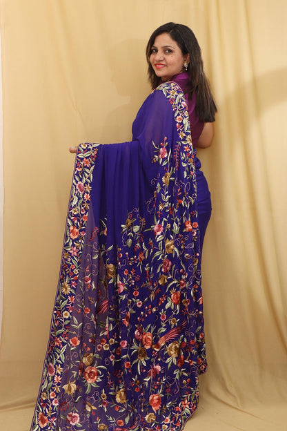 Exquisite Blue Hand Embroidered Parsi Gara Pure Georgette Saree - Luxurion World