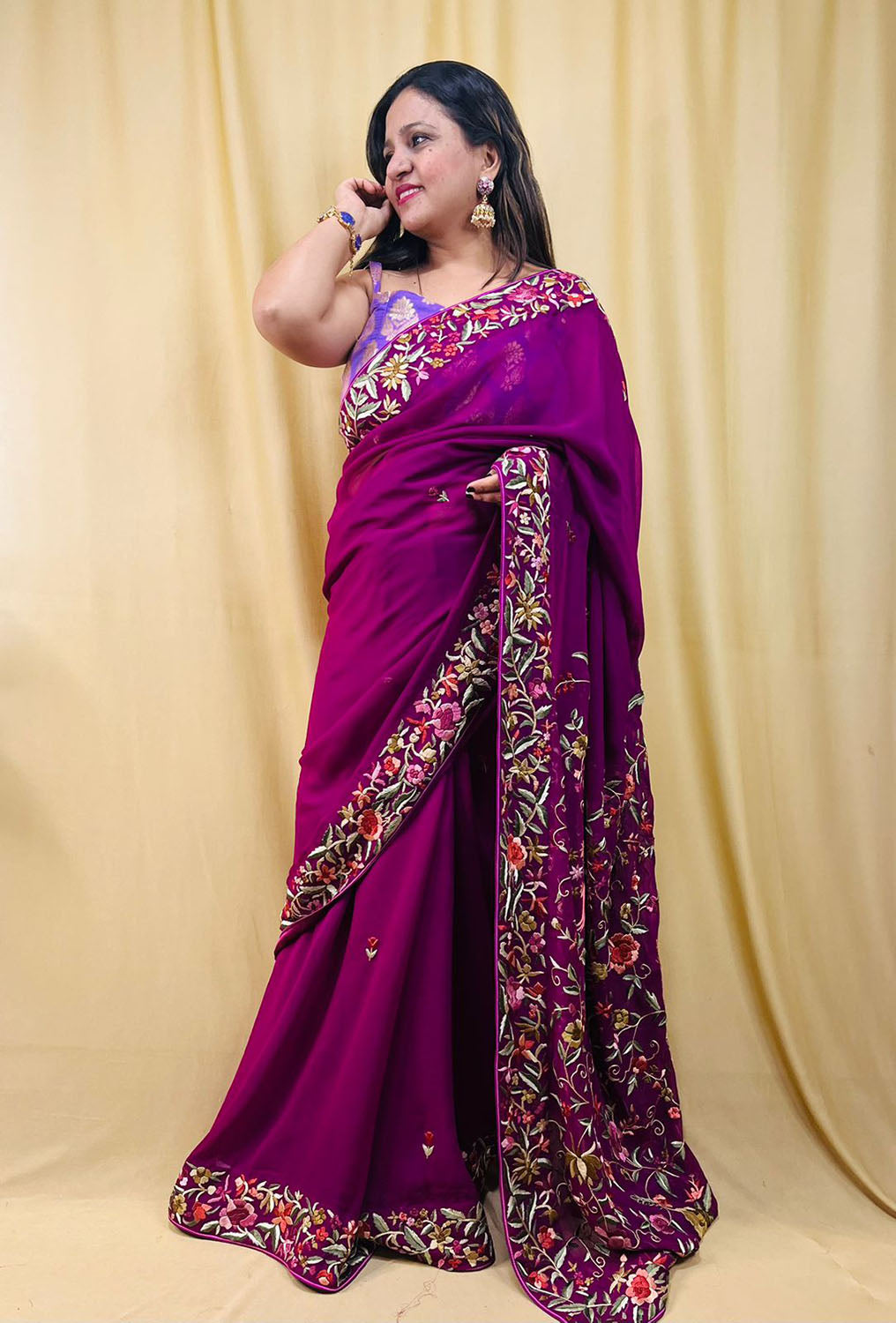 Parsi Gara Georgette Saree: Exquisite Hand Embroidery in Purple - Luxurion World