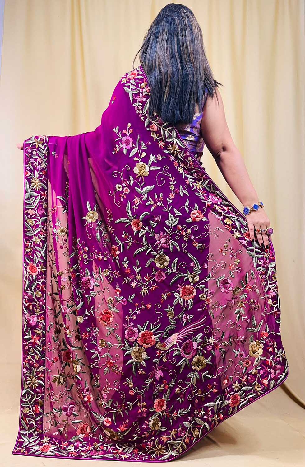 Parsi Gara Georgette Saree: Exquisite Hand Embroidery in Purple - Luxurion World