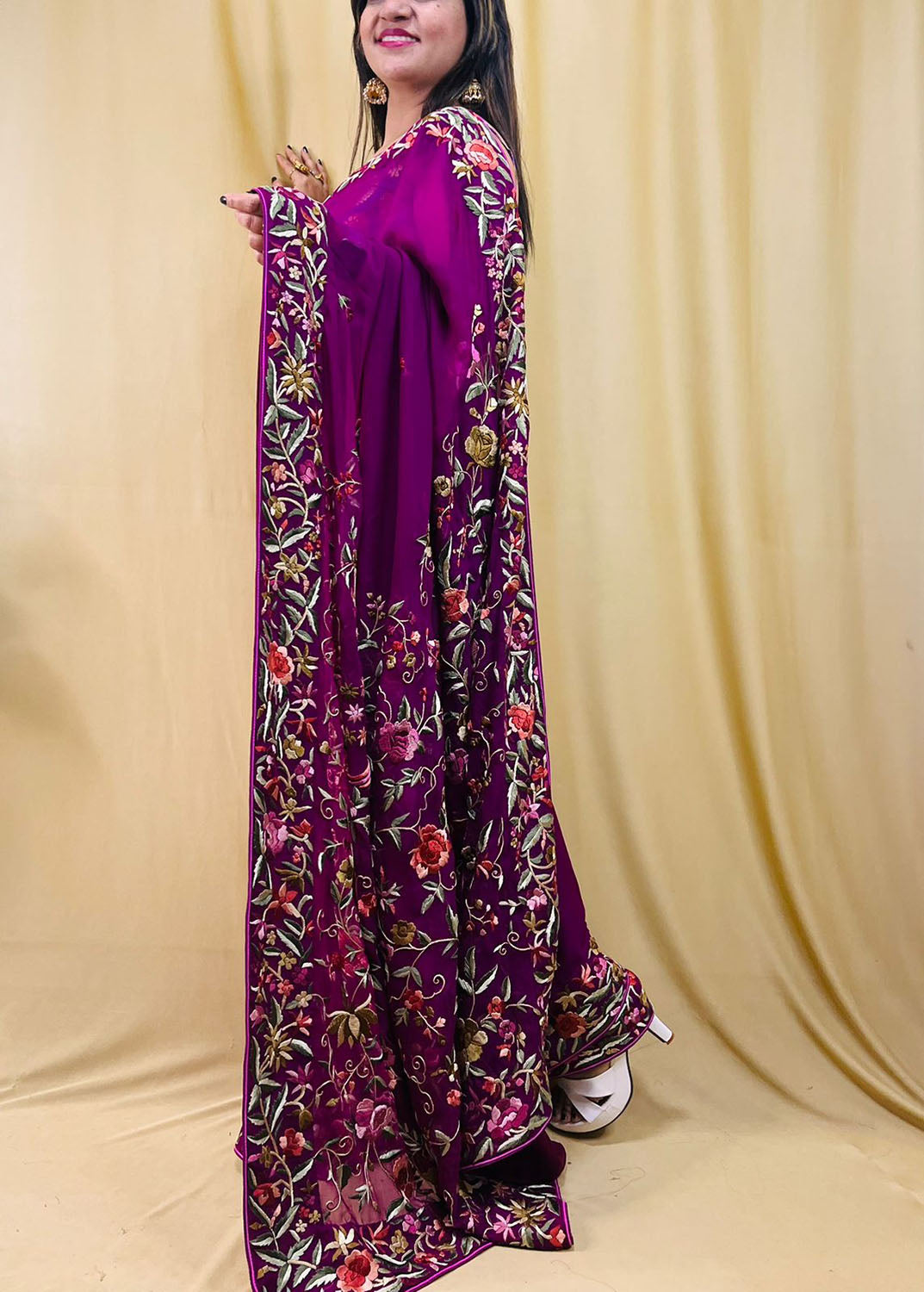 Parsi Gara Georgette Saree: Exquisite Hand Embroidery in Purple - Luxurion World