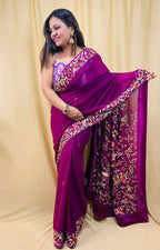 Parsi Gara Georgette Saree: Exquisite Hand Embroidery in Purple - Luxurion World