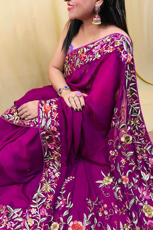 Parsi Gara Georgette Saree: Exquisite Hand Embroidery in Purple - Luxurion World