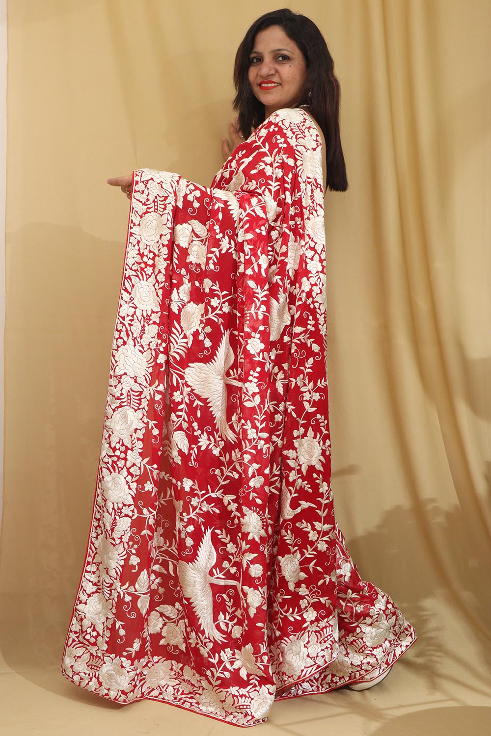 Parsi Gara Georgette Saree with Pinkish Red Embroidery - Luxurion World