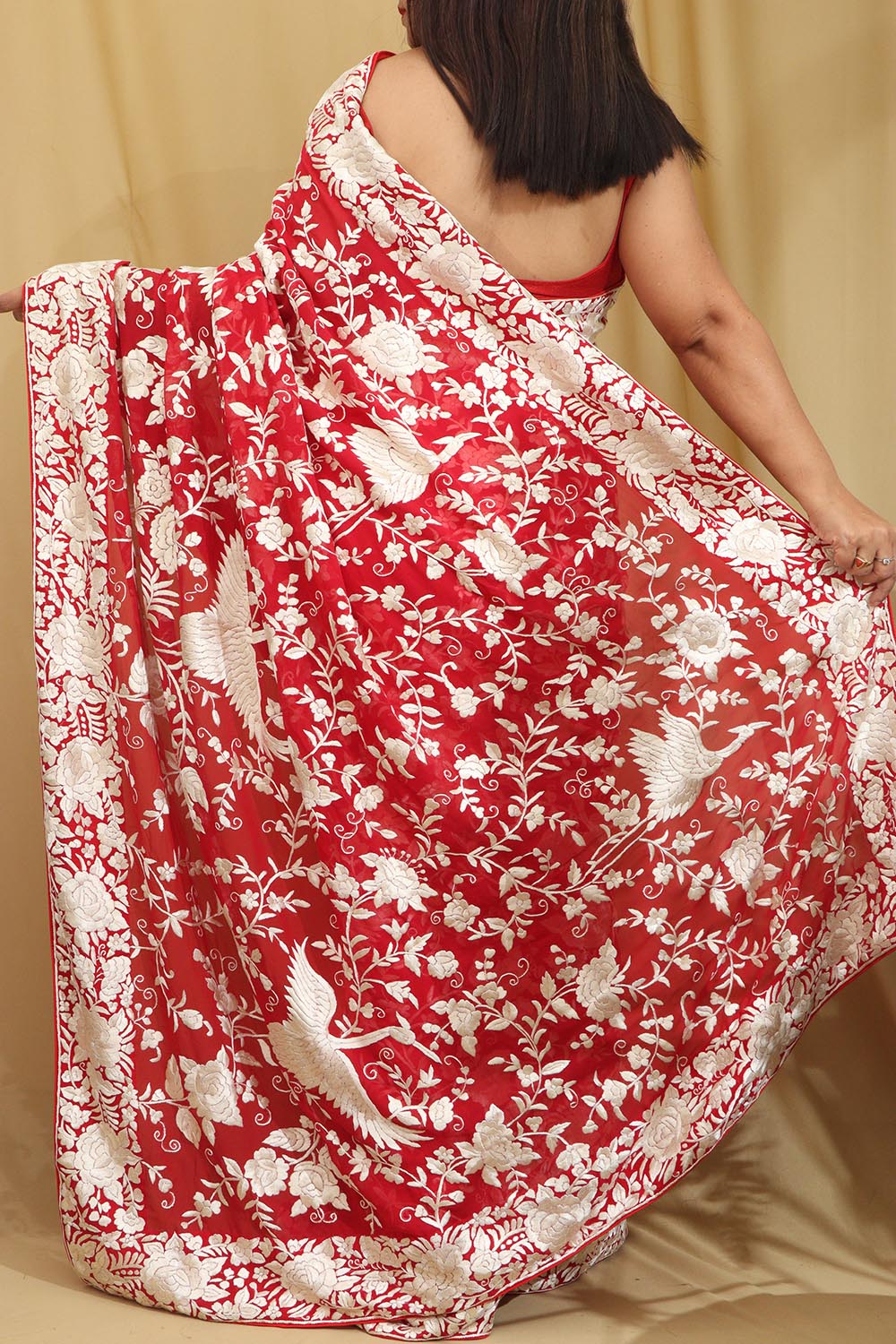 Parsi Gara Georgette Saree with Pinkish Red Embroidery - Luxurion World