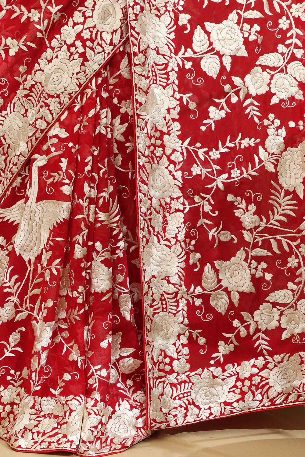 Parsi Gara Georgette Saree with Pinkish Red Embroidery - Luxurion World