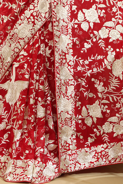 Parsi Gara Georgette Saree with Pinkish Red Embroidery - Luxurion World