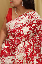 Parsi Gara Georgette Saree with Pinkish Red Embroidery - Luxurion World