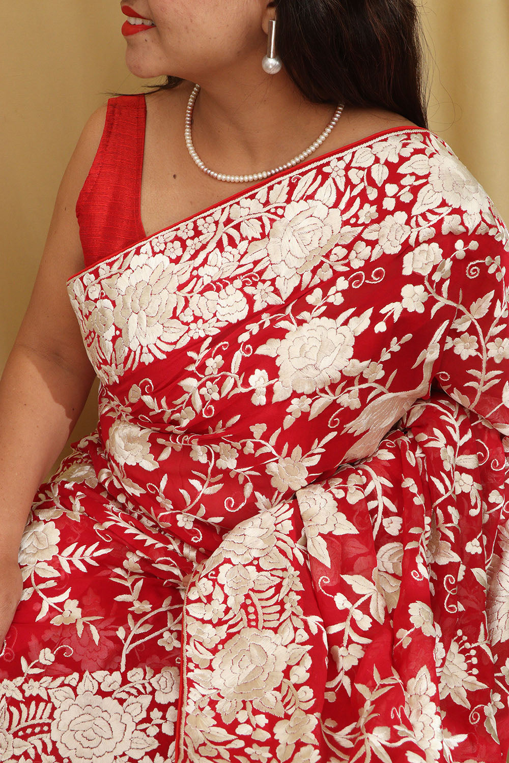 Parsi Gara Georgette Saree with Pinkish Red Embroidery - Luxurion World