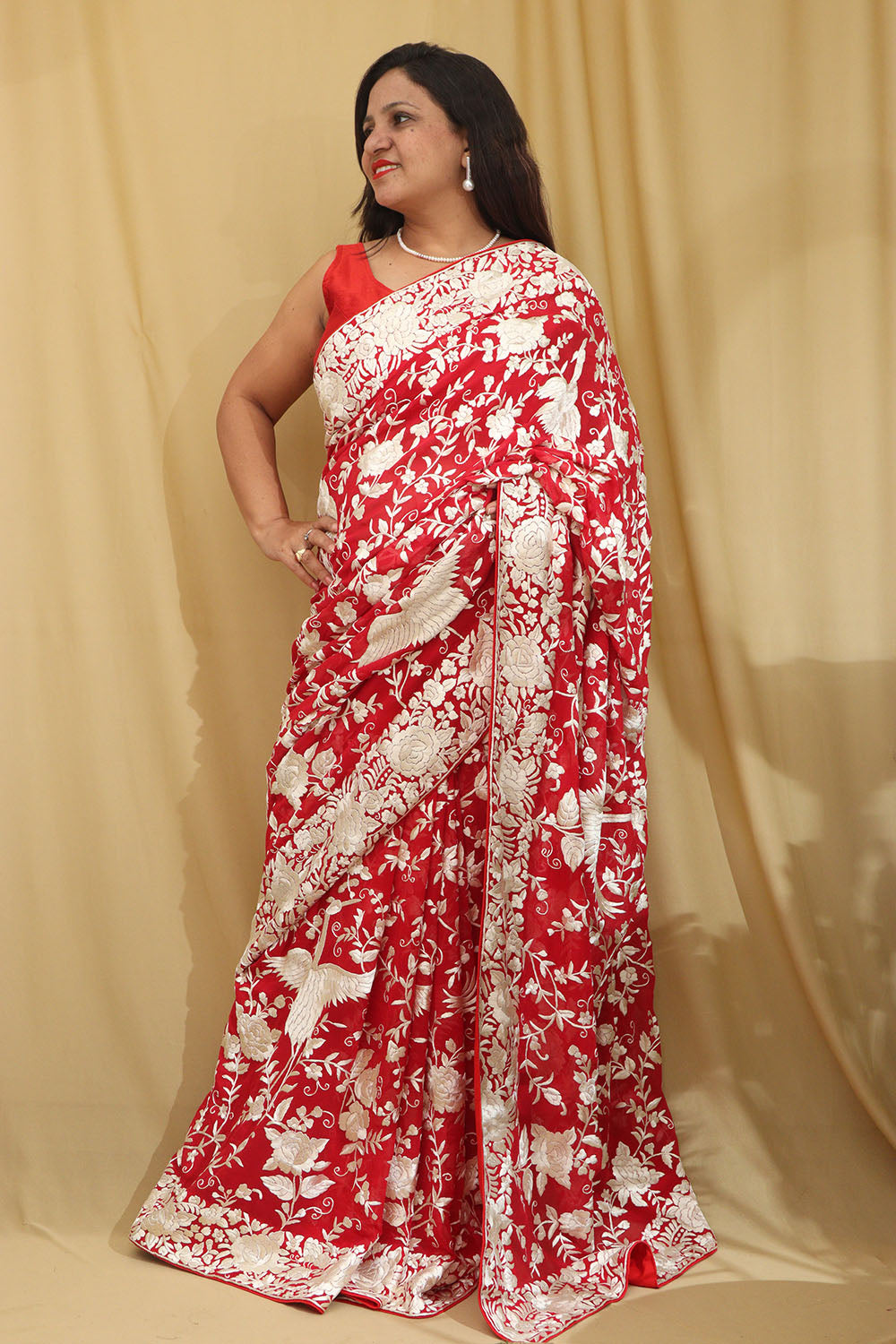 Parsi Gara Georgette Saree with Pinkish Red Embroidery - Luxurion World
