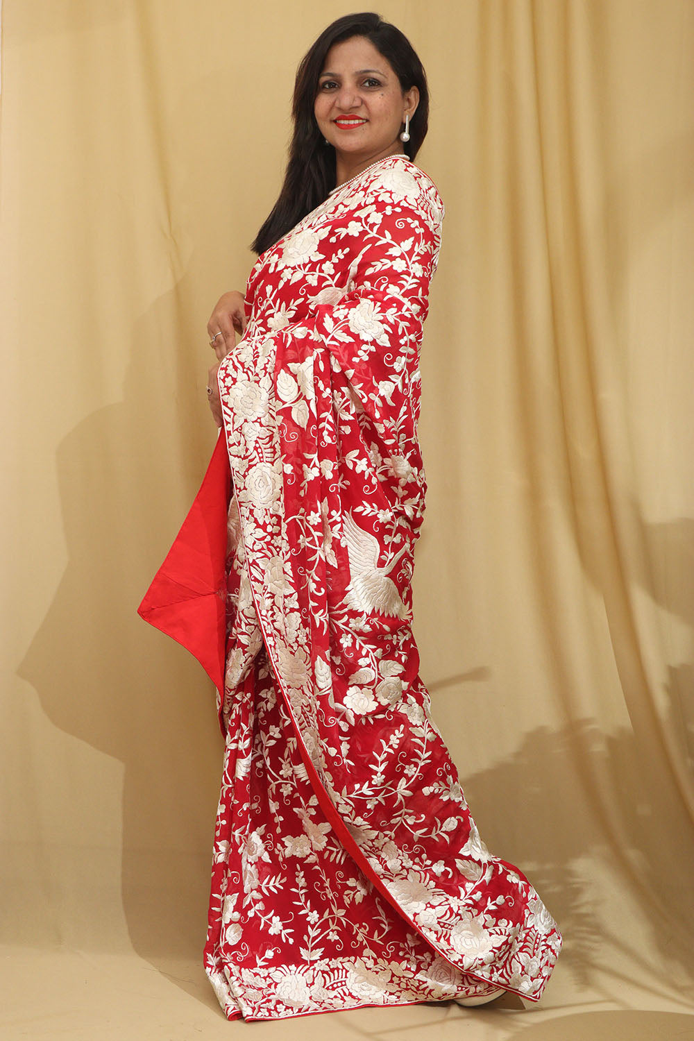 Parsi Gara Georgette Saree with Pinkish Red Embroidery - Luxurion World