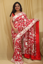 Parsi Gara Georgette Saree with Pinkish Red Embroidery - Luxurion World