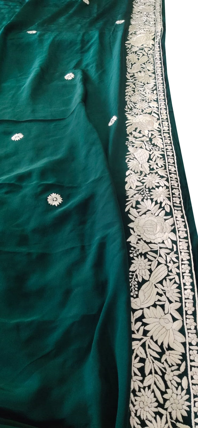 Exquisite Green Hand Embroidered Parsi Gara Pure Crepe Saree - Luxurion World