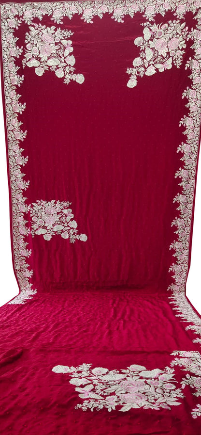 Exquisite Red Hand Embroidered Parsi Gara Pure Crepe Saree - Luxurion World