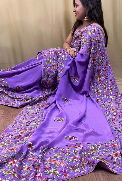 Parsi Gara Crepe Saree: Exquisite Hand Embroidery in Regal Purple