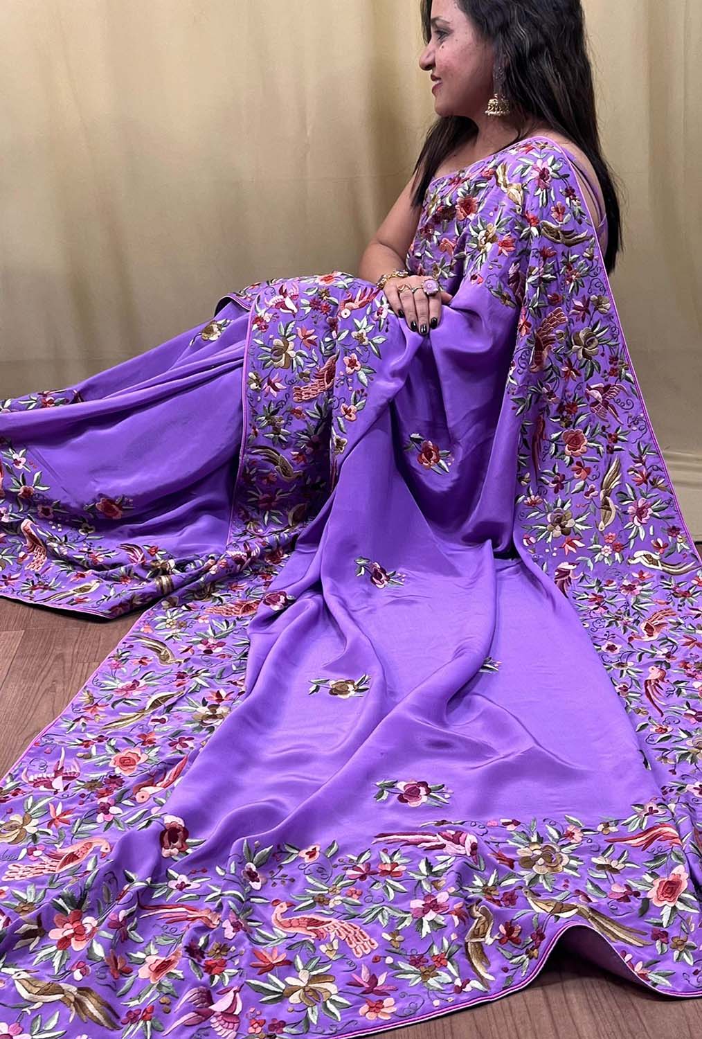 Parsi Gara Crepe Saree: Exquisite Hand Embroidery in Regal Purple - Luxurion World